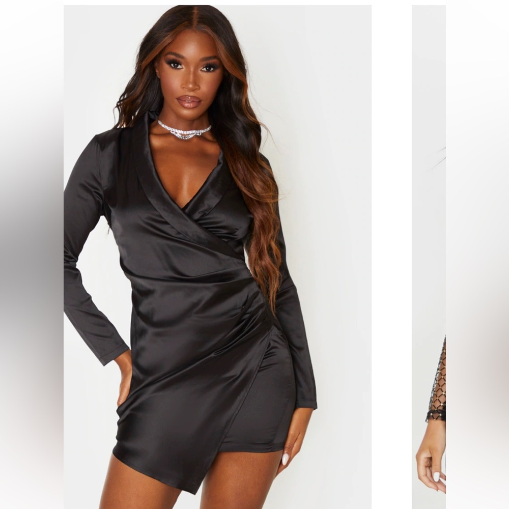 Black Satin Ruched Side Long Sleeve Bodycon Dress